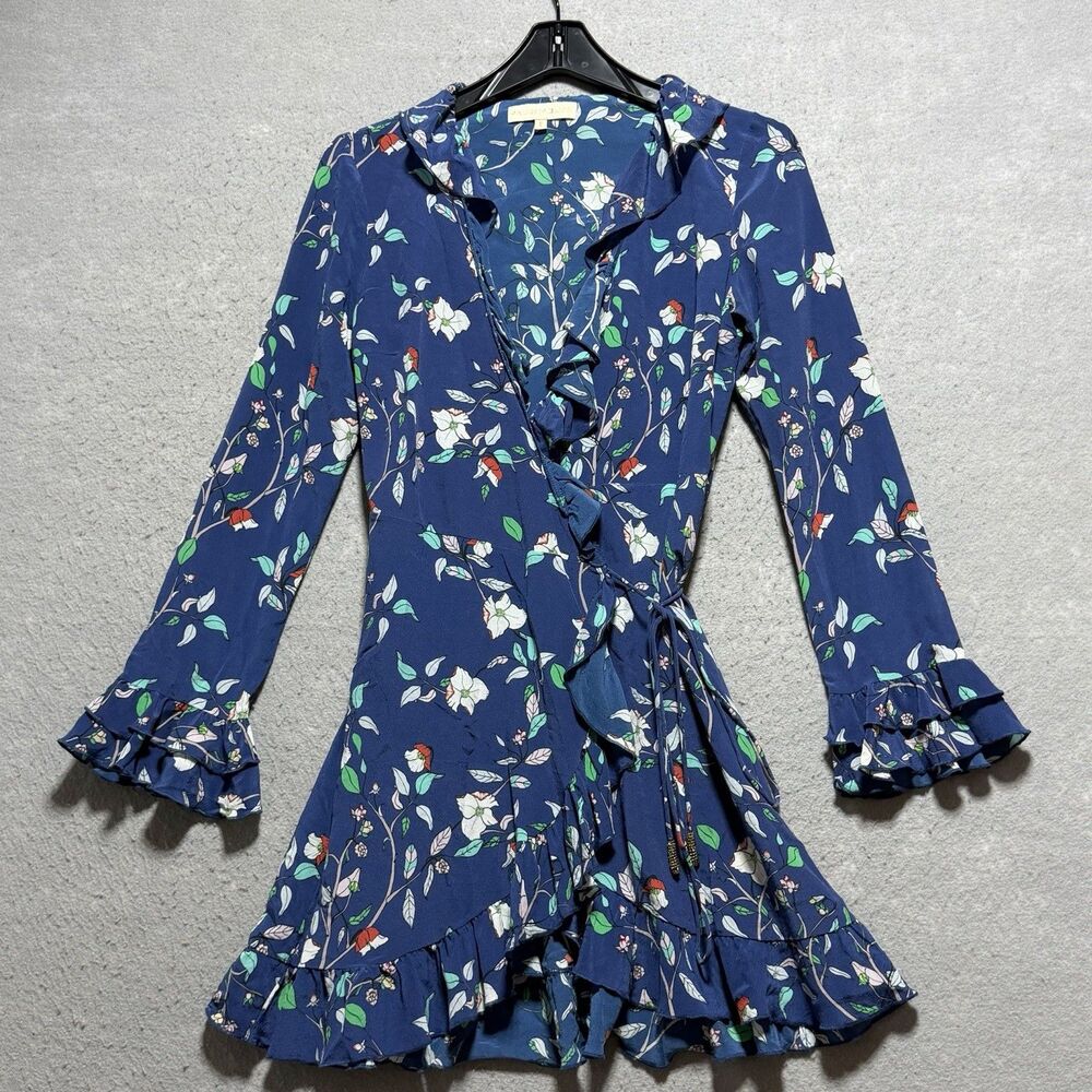Paloma Blue Dress Womens Size Small Fiesta Blue Floral Wrap 100% Silk Ruffle Hem